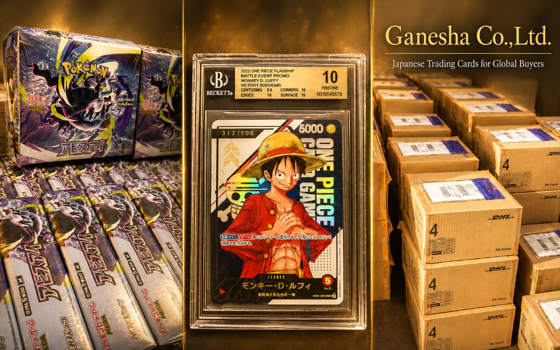 Ganesha Co., Ltd. — sealed Japanese Pokemon and One Piece card products, a graded card, and DHL export cartons